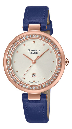 Reloj Mujer Casio She-4556pgl-7audf Sheen Correa Azul Bisel Rosa Fondo Plateado