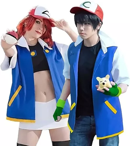 Pokémon Ash Ketchum fantasia de cosplay masculina, jaqueta azul