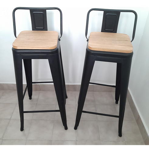 2 Banquetas Taburete Industrial Hierro Negro Madera Respaldo