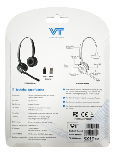 Auricular Vincha Vt9200bt Mono Bluetooth Inal C/mic Callcent Negro