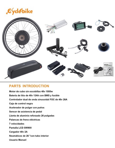 Imagen 3 de 10 de Kit Conversion A Bicicleta Electrica Motor 1000 Watts Rin 26