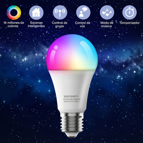 Imagen 2 de 9 de Foco Inteligentes Wifi Rgbcw 10w Para Alexa Google Assistant