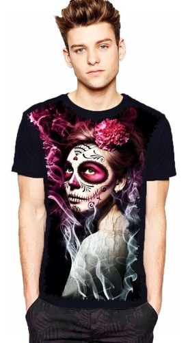 Camiseta Adolescente Cranio Caveira Mexicana Com Rosas