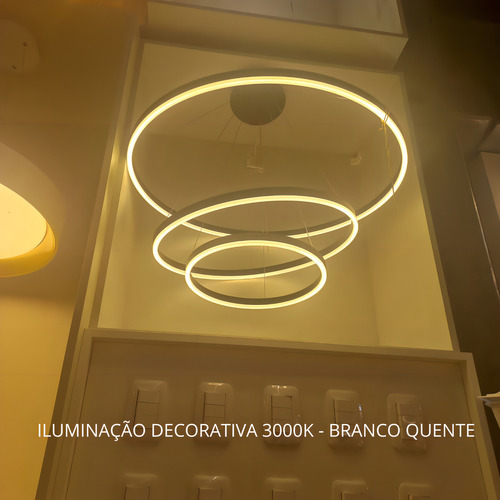 Gmh Luminária Lustre Pendente Teto Led 3 Aneis Arcos Argolas 80cm 60cm 40cm Sala Quarto Recepção Hall Pé Direito Alto Duplo 4 Metros Regulagem Cabo Grande Cor Branco Moderna 113w 127/220V