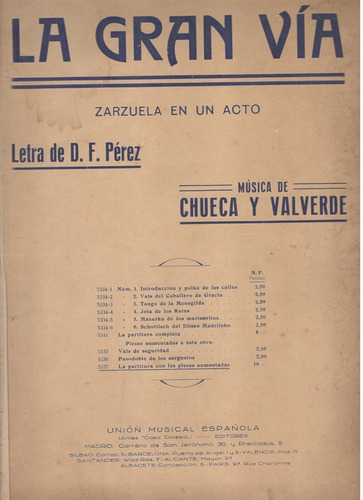 Partitura Original De La Zarzuela En Un Acto La Gran Vía