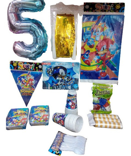 Kit Decoración Sonic Bouquet Globos Y Suministros 24 Niños. 