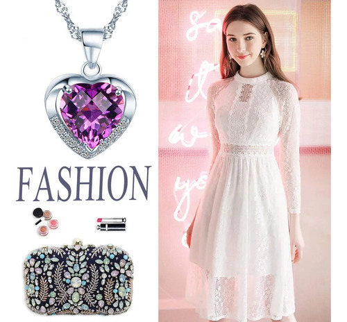 Collar Con Dije De Corazón De 925 Plata Y Cristal Para Muje Color Violeta