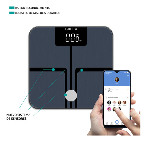 Imagen 5 de 7 de Balanza Digital Inteligente Para Personas De Baño Bluetooth Femmto B05 Gris Oscuro Hasta 180 Kg Conectividad Con App