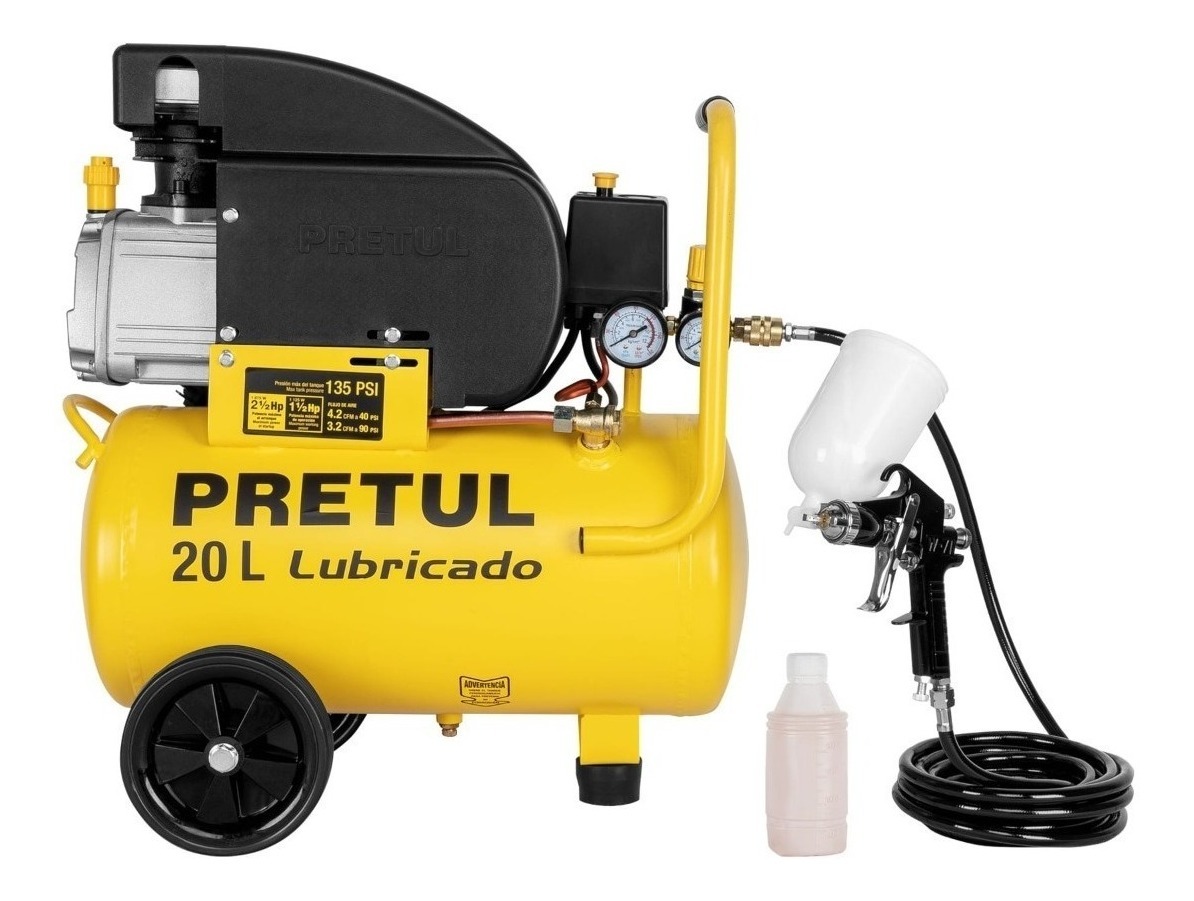 Kit Compresor de aire eléctrico portátil Pretul COMP-KIT20P3 monofásico 20L 1.5hp 127V 60Hz amarillo + manguera + pistola de gravedad