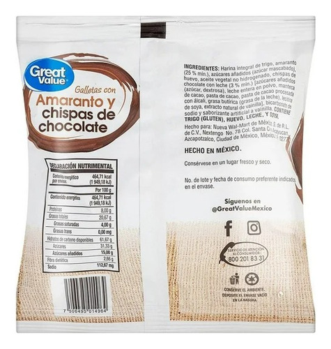 13 Pzas Great Value Galletas Con Amaranto Y Chispas De Choco