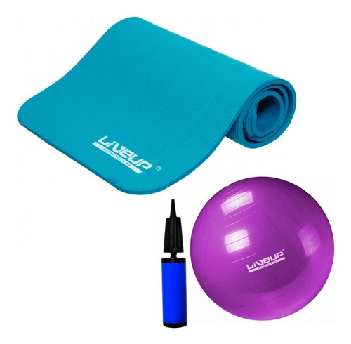 Kit Colchonete Azul + Bola Suíça 55 Cm Roxa Com Mini Bomba