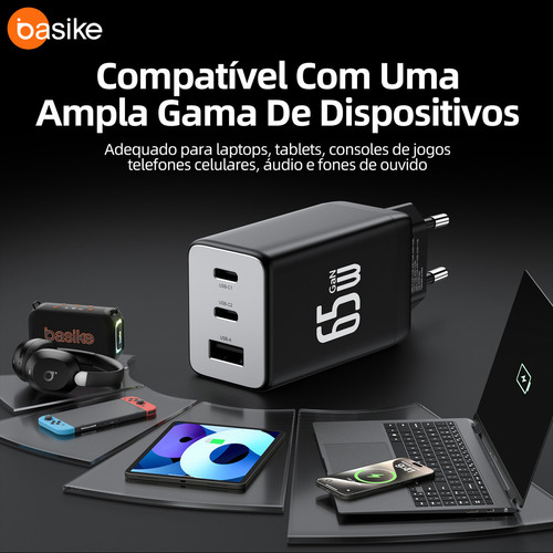 Carregador Turbo 65w Tipo-C e USB Para Samsung iPhone Motorola Cor Preto