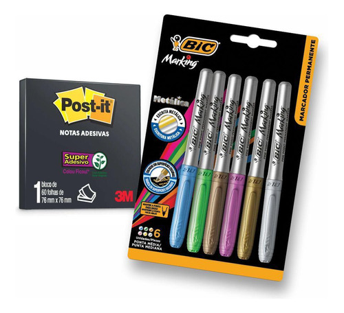 Kit Post-it Preto 3m - 60 Folhas 7,6x7,6cm + 6 Canetas Bic