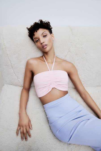 Zara Original Crop Top Estilo Tubo Con Tiras Halter Rosa (Usado)