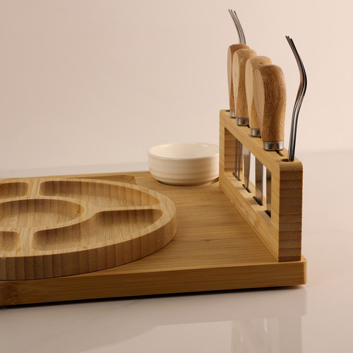 Kit Tábua Grande Para Queijos E Frios Com Petisqueira, Facas, Garfos, Potes E Bandeja De Bambu Ideal Para Servir Aperitivos, Snacks E Montar Mesa De Frios Completa