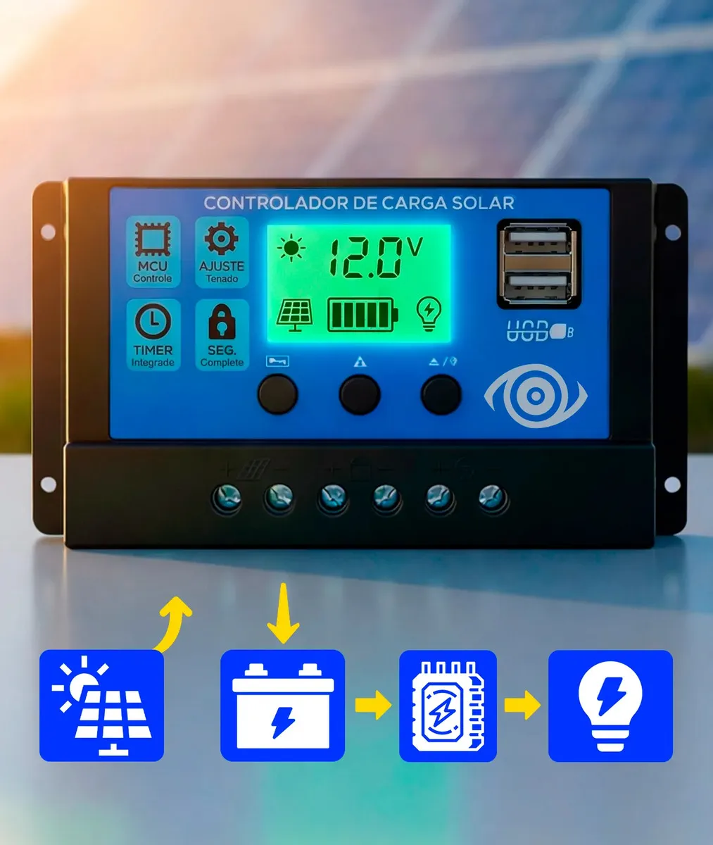 Controlador De Carga Painel Solar Com Botão Ajustável Regulador Automático Tela Lcd/led Circuito De Proteção 30a Tecnologia Pwm 12v/24v - Preto