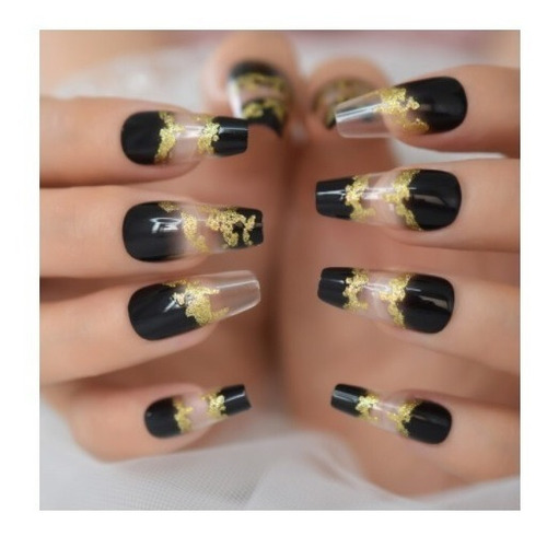 Unhas Postiças Preto E Dourado Designer Para As Mãos Unha Postiça