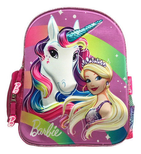 Mochila Kinder Preescolar Barbie 3d Unicornio Arcoiris Color Rosa chicle Diseño de la tela Estampada