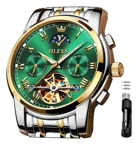 Reloj Olevs Green Automatic Mechanical Moon Phase Para Hombr