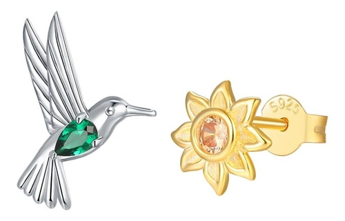 Aros Colibrí Y Girasol Plata 925 Baño Oro Joya Mujer 