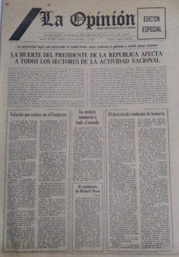 Diario La Opinion Edicion Especial 2/7/1974 Muerte Peron