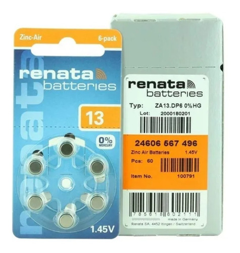 Imagen 3 de 6 de Pilas Audifono Zincair Renata 13 Pr48 Caja 60 Unid. Alemanas