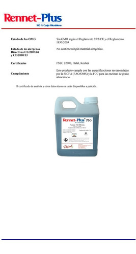 Imagen 2 de 3 de Cuajo Microbiano 750 Imcu/g Potencia 1: 20000 1 Litro