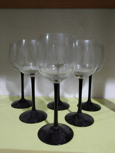 6 Copas Vino Blanco Cristal Arte Murano Base Negra Oferta