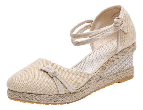 Sandalias De Punto Con Punta Redonda Y Cuña Con Lazo Para Mu