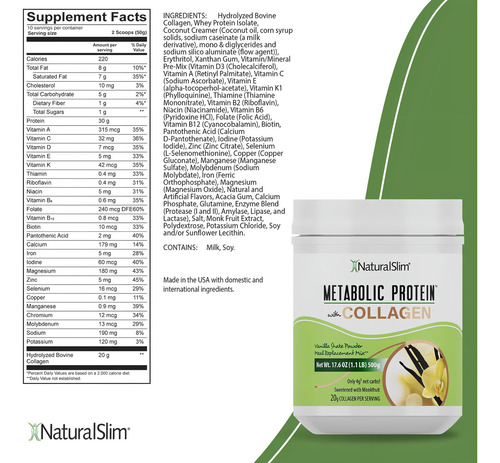 Proteina Whey Colageno Enzima Metabolic Protein Natural Slim Sabor Vainilla
