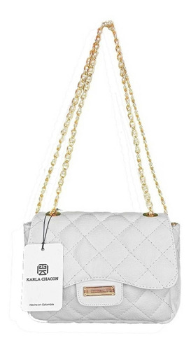 Bolso Mujer Dama Niña Bolsa Manos Libres Marca Karla Chacon Color Blanco Correa de hombro Dorado Diseño de la tela Liso