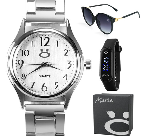 Relógio Feminino Maria Aço Prata Óculos Sol Premium