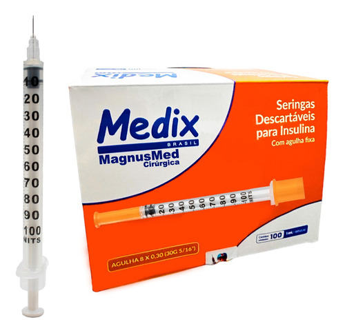 Seringa P/ Insulina 1ml C/ Agulha 8x0,30 (30g) Cx100 Capacidade Em Volume 100 Cc