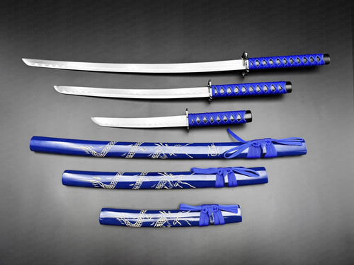 Set 3 Katanas Wakizashi Tanto Samurai Acero Espada Con Base Color Azul