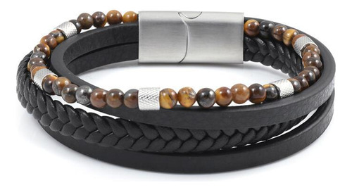 Bracelete Aço Couro Preto Trançado Shambala Olho De Tigre