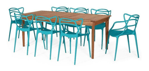 Mesa De Jantar Em Madeira Maciça 186cm + 8 Cadeiras Allegra Cor Turquesa