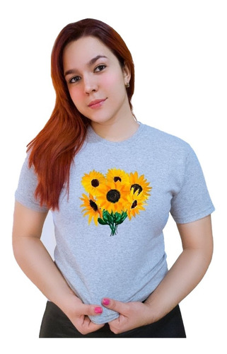 Polera Dama Estampada 100%algodon Diseño Ramo Girasoles