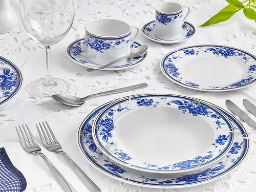 Jogo Aparelho De Jantar Porcelana Floral Azul - Kit 42 Pçs - R$ 586,67