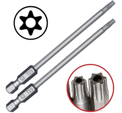  2 Pontas Bits Torx Furo Guia Longo T15 100 P/ Parafusadeira