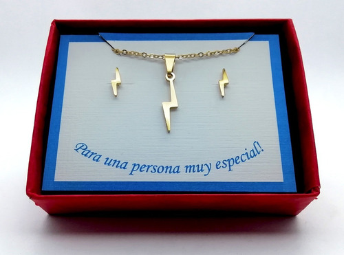 Imagen 2 de 4 de Juego Collar Y Aretes Diseño Rayo Chapa De Oro 22k 3127