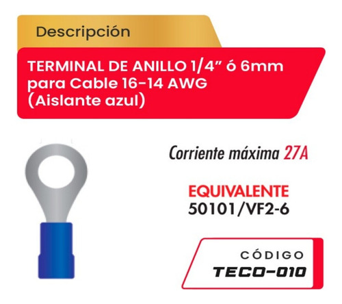 Terminal De Anillo 1/4  Para Cable 16-14awg Teco-010