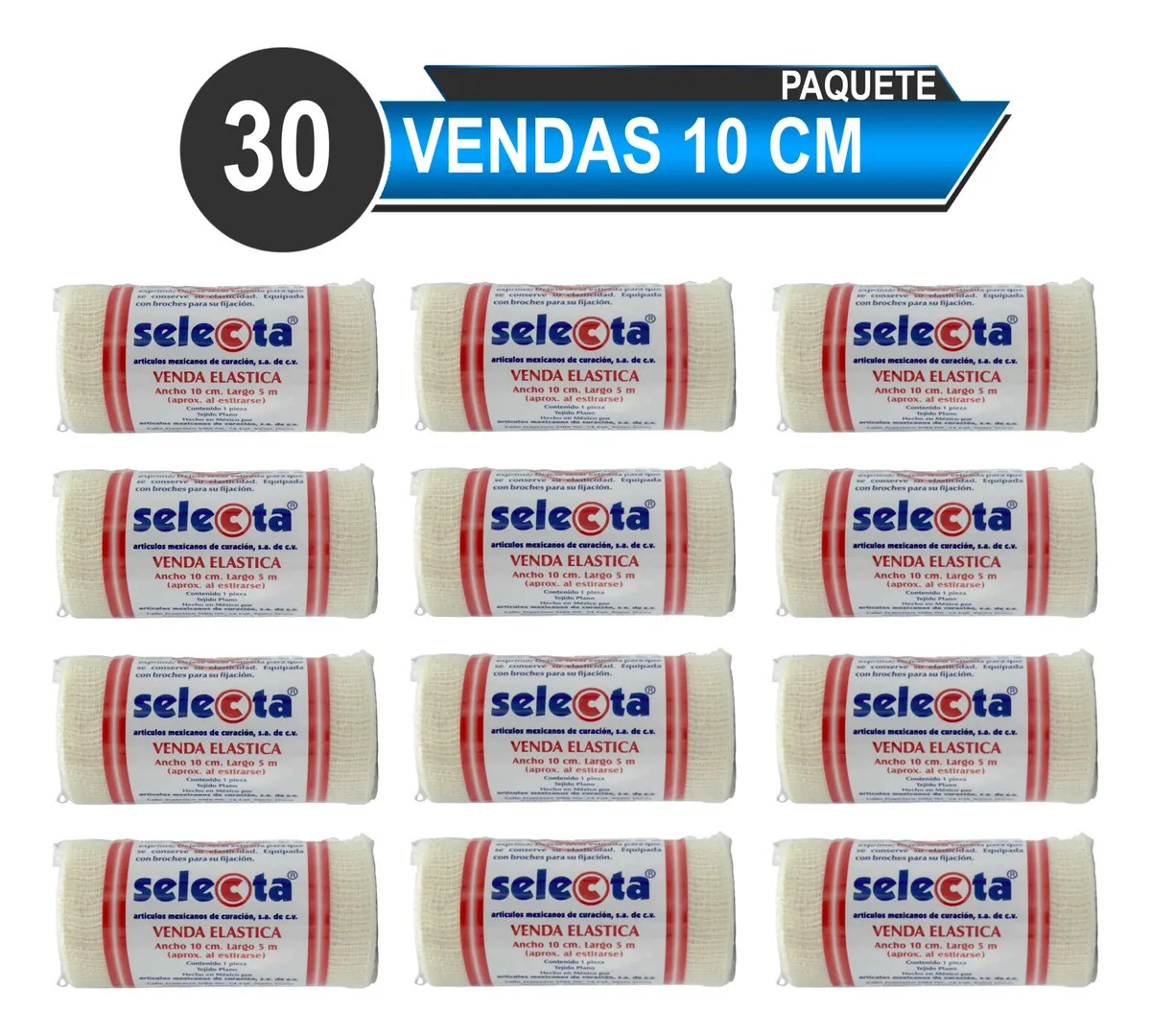 Vendas Elásticas Selecta 10cm x 5m Pack 30 Unidades Ajuste Broche Blancas No Adhesivas