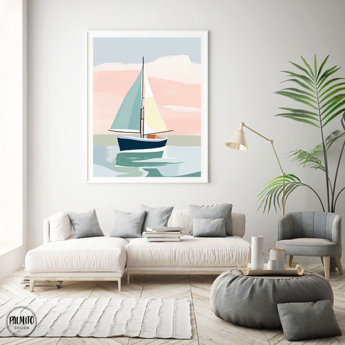 Lámina Decorativa Velero Minimalista Estilo Costero Rosa Multicolor Sin Armazón