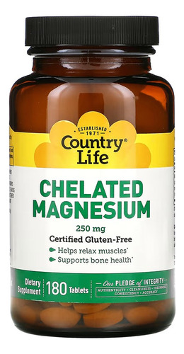 Country Life Magnesio Quelado 250 Mg 180 Tabletas Sabor Sin Sabor