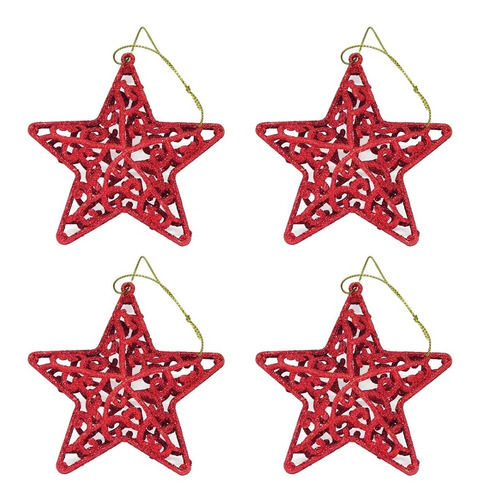Estrella Calada Roja 11cm Adorno Navidad Con Brillos X4 Uni.