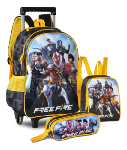 Kit Mochila Escolar Free Fire Rodinhas Infantil + Capuz Clio