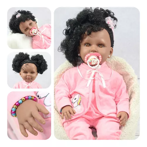 Boneca Tipo Reborn Bebê Realista Negra Completa 20 Itens