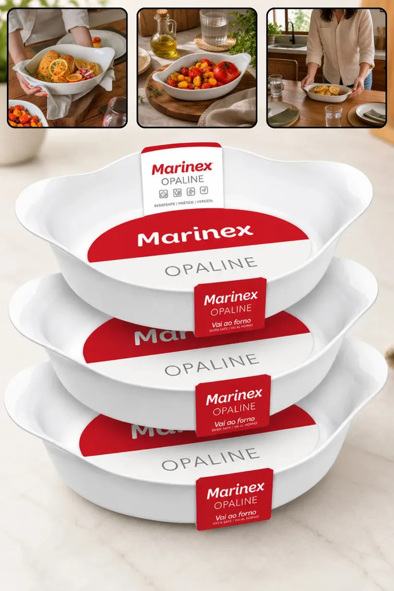 KIT 3 TRAVESSAS MARINEX OPALINE OVAL 3 TAMANHOS FORMA DE VIDRO TEMPERADO BRANCO ALTA RESISTÊNCIA TÉRMICA JOGO DE ASSADEIRAS VAI AO FORNO MICROONDAS GELADEIRA FREEZER QUALIDADE PREMIUM FÁCIL DE LIMPAR