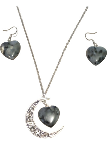 Collar Labradorita Corazon Con Aretes Luna Estilo Filigrana