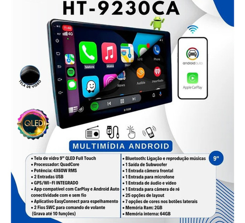 Multimidia Universal 9p Android 13 2gb 64gb Carplay Qled Voz